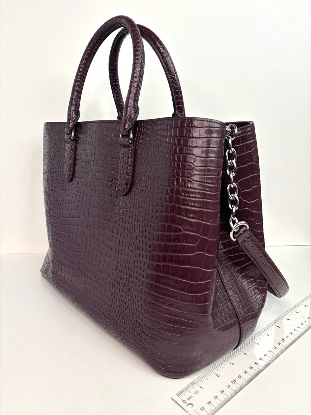 Ralph‎ Lauren Bullion Large Marcy Satchel Croc-Embossed Mahogany Leather Bag